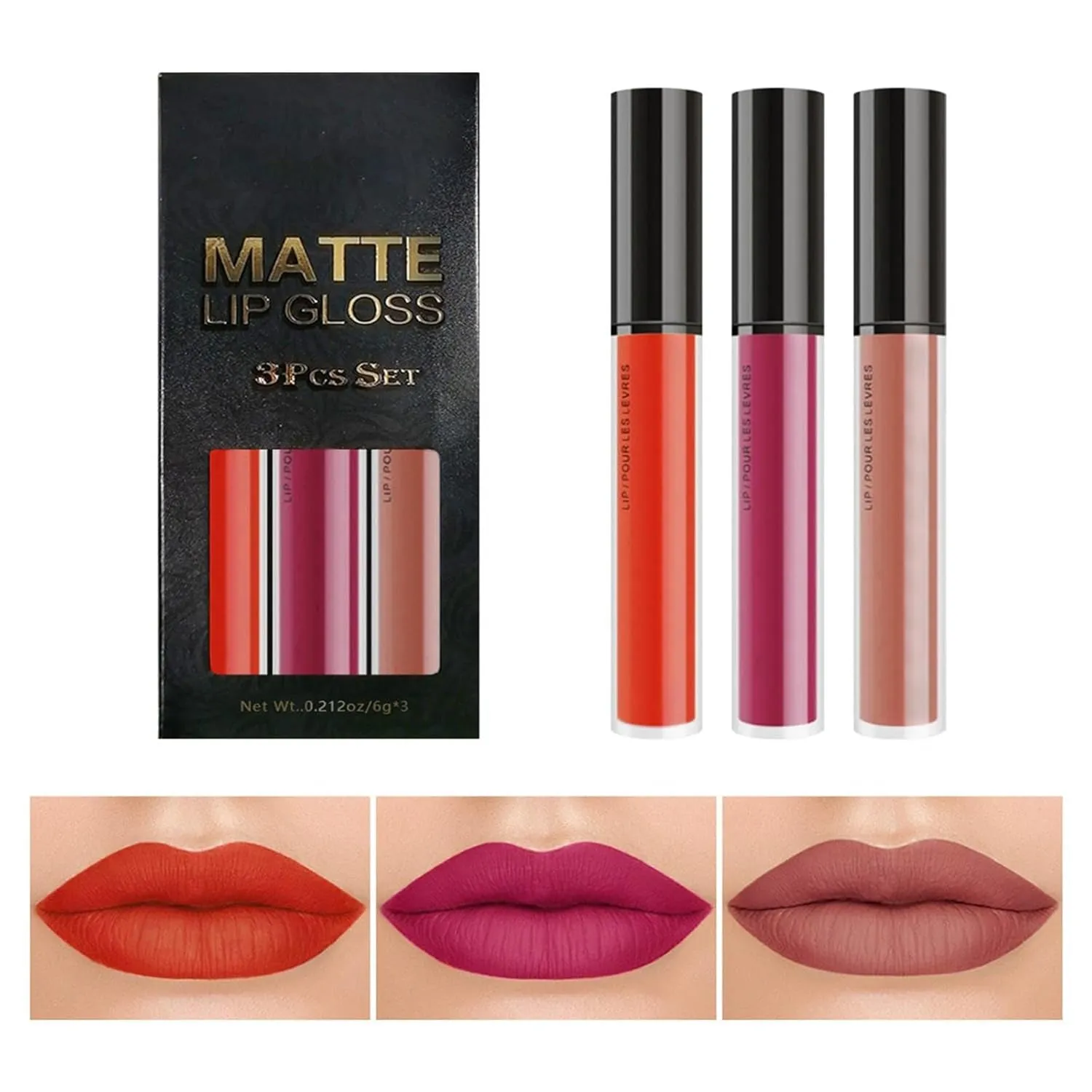 3-Piece Matte Lip Makeup Set with Lip Liner and Long-Lasting Liquid Lipstick Kit (3 Everyday Colors)