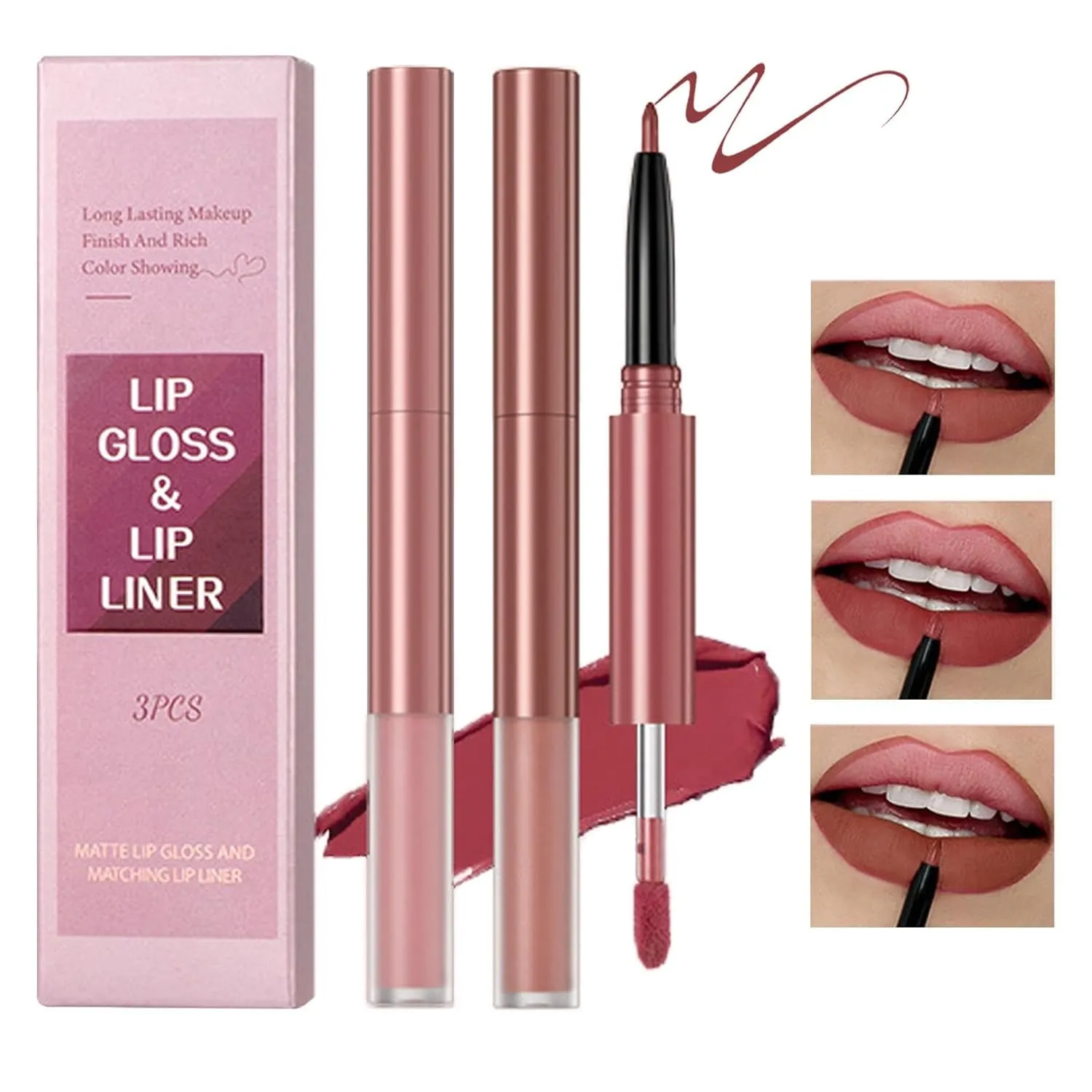 3-Piece Matte Lip Makeup Set with Lip Liner and Long-Lasting Liquid Lipstick Kit (3 Everyday Colors)