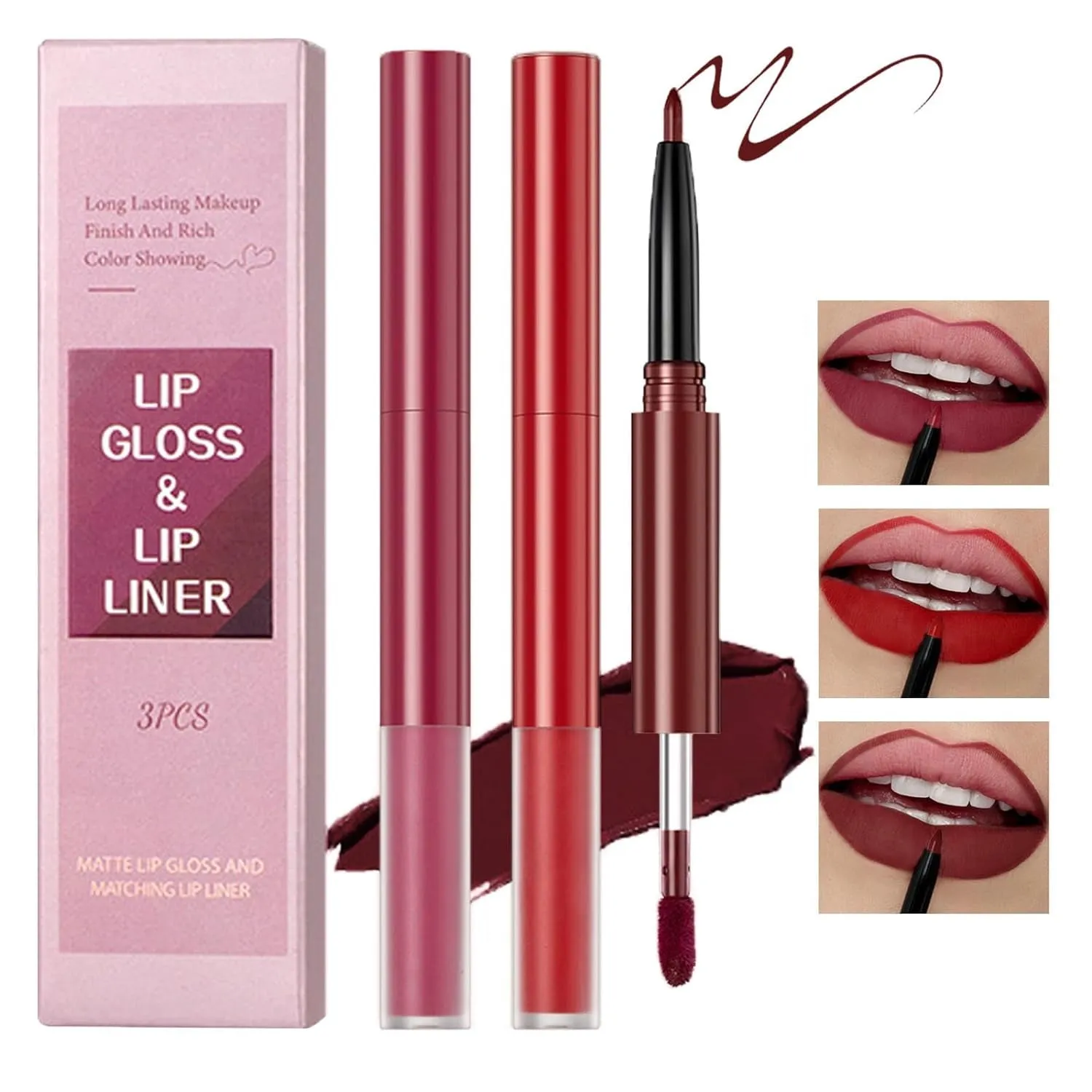 3-Piece Matte Lip Makeup Set with Lip Liner and Long-Lasting Liquid Lipstick Kit (3 Everyday Colors)