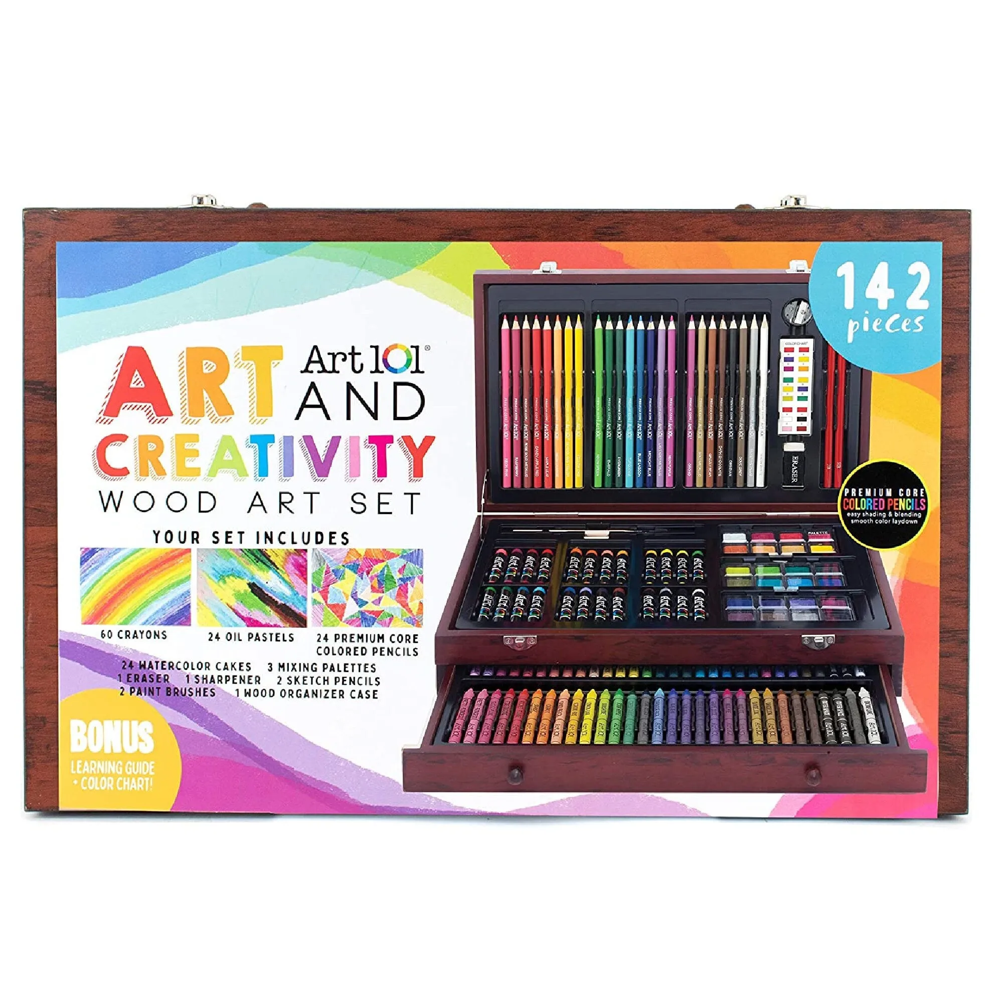 Art 101 Doodle and Color 142 Piece Art Set In A Wooden Case | Includes 24 Premium Colored Pencils to the Portable Art Studio