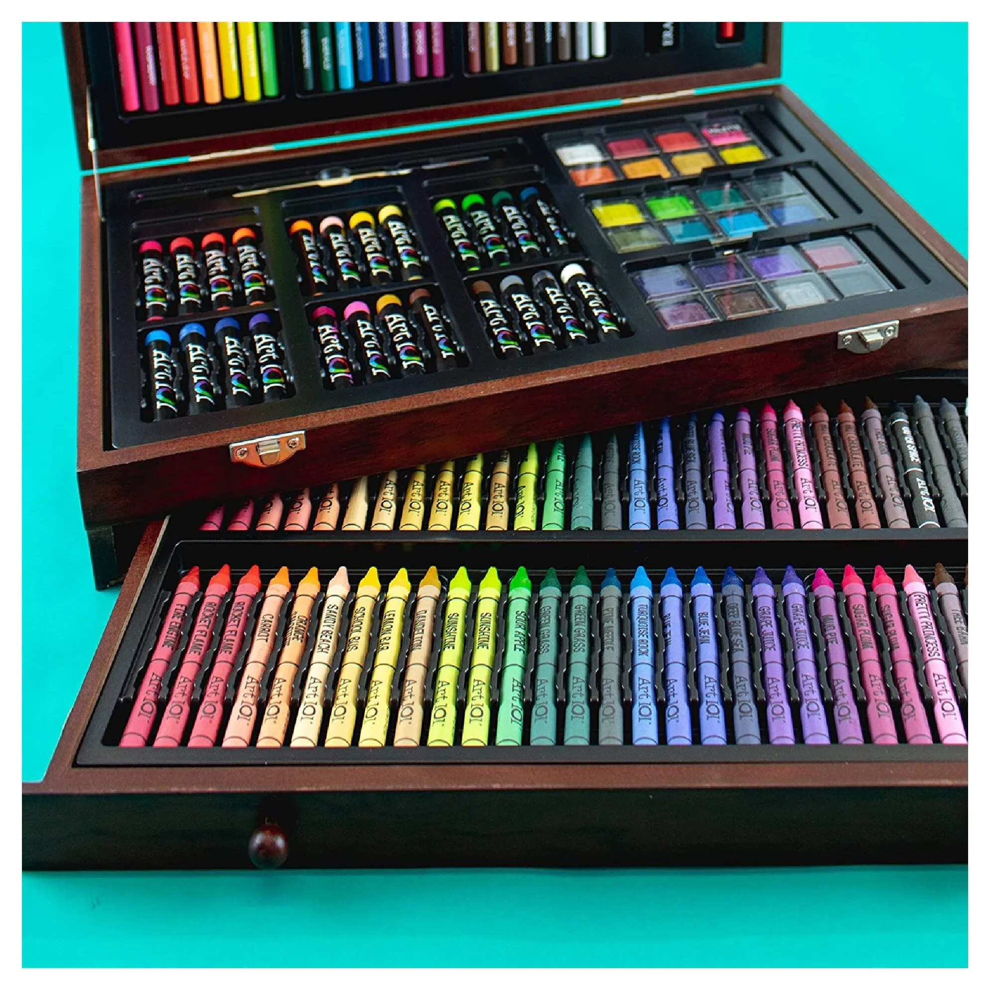 Art 101 Doodle and Color 142 Piece Art Set In A Wooden Case | Includes 24 Premium Colored Pencils to the Portable Art Studio