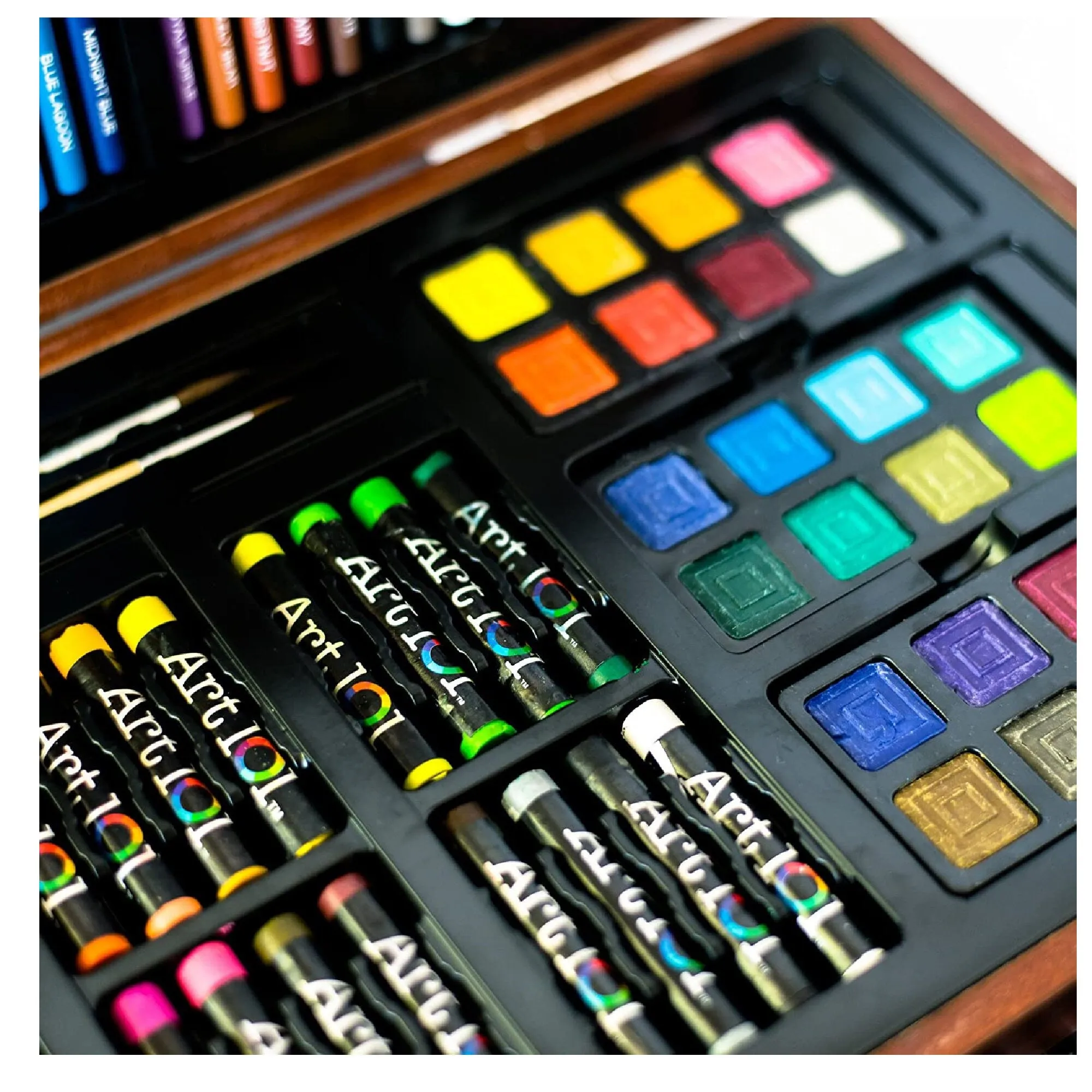 Art 101 Doodle and Color 142 Piece Art Set In A Wooden Case | Includes 24 Premium Colored Pencils to the Portable Art Studio