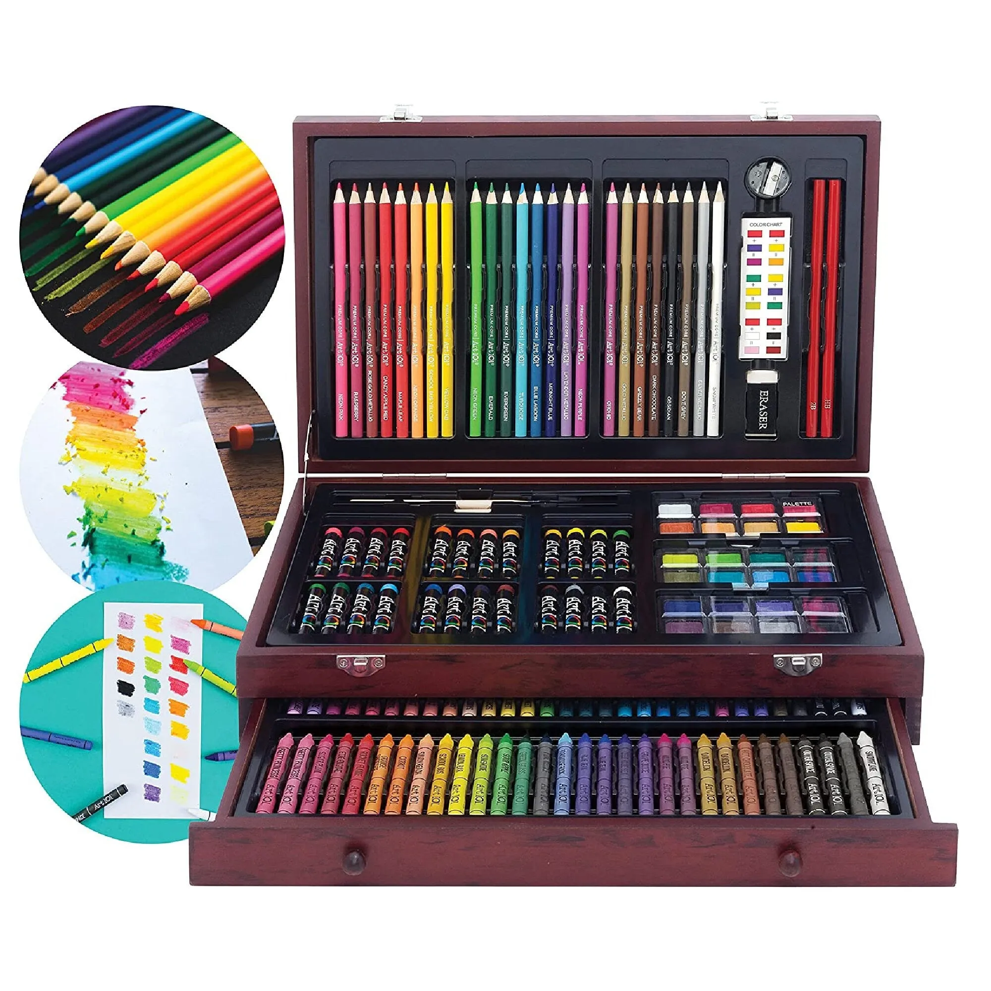 Art 101 Doodle and Color 142 Piece Art Set In A Wooden Case | Includes 24 Premium Colored Pencils to the Portable Art Studio