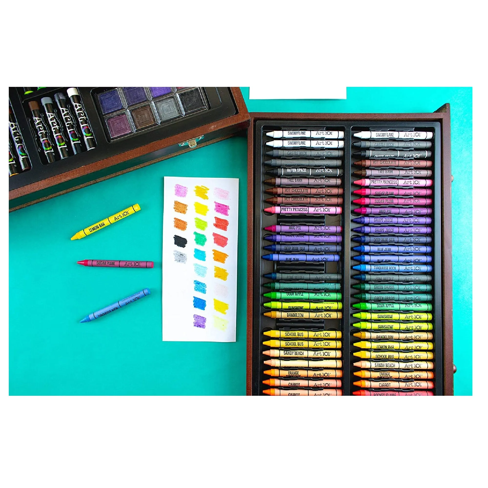 Art 101 Doodle and Color 142 Piece Art Set In A Wooden Case | Includes 24 Premium Colored Pencils to the Portable Art Studio