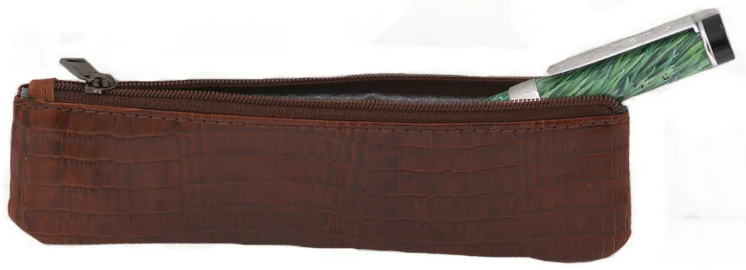 Brown Crocodile Embossed Leather Single Pen Case