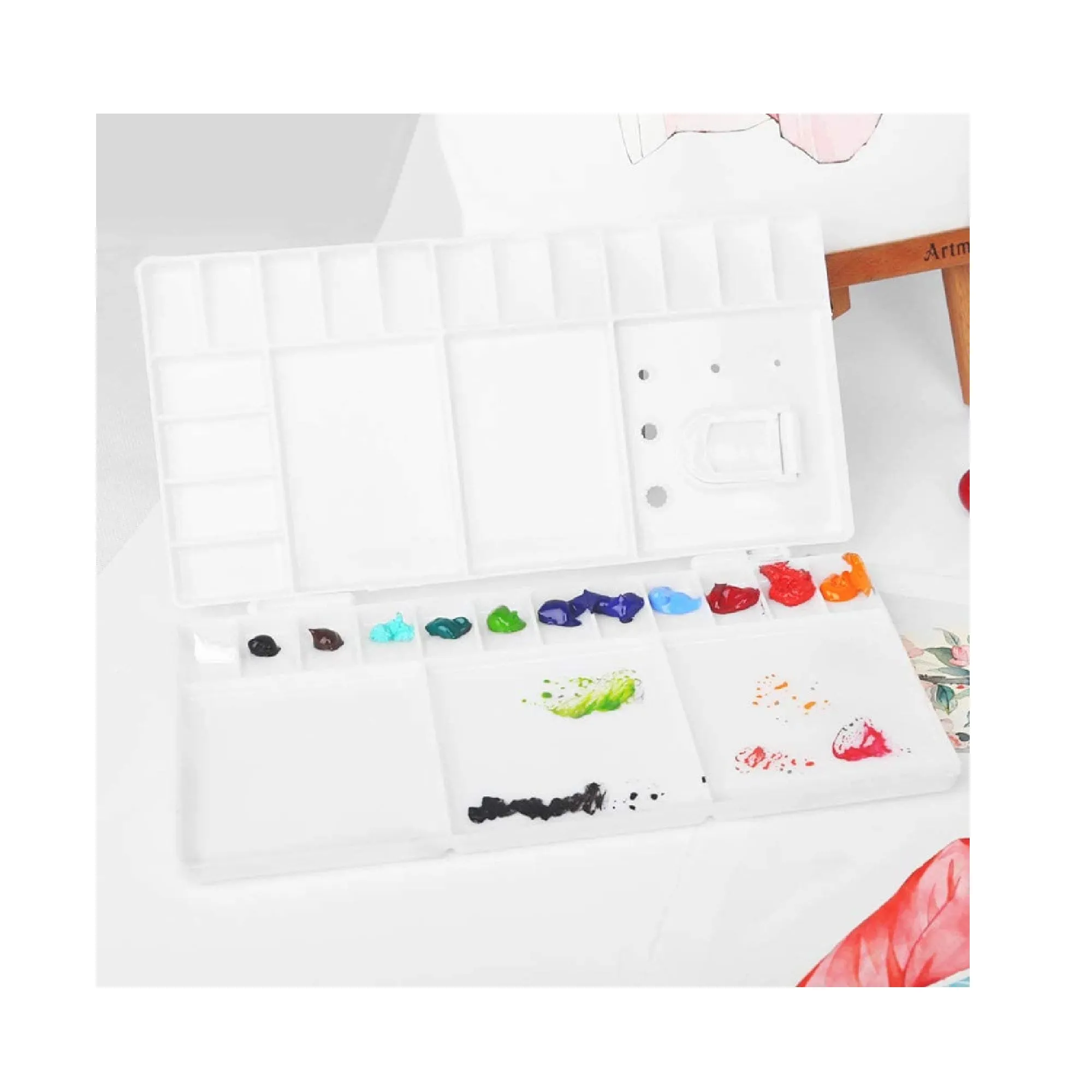 Mifuner Artist Portable White Watercolor Paint Palette Case Folding Palette Box 28 Wells 5 Mixing Areas | Large