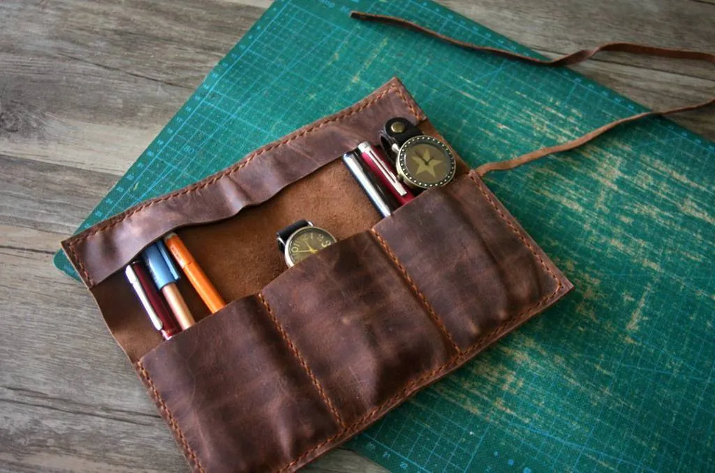 Personalized Leather Pen and Pencil Case Roll