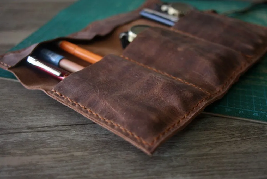 Personalized Leather Pen and Pencil Case Roll