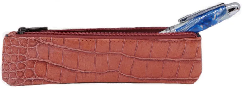 Pink Crocodile Embossed Leather Single Pen Case