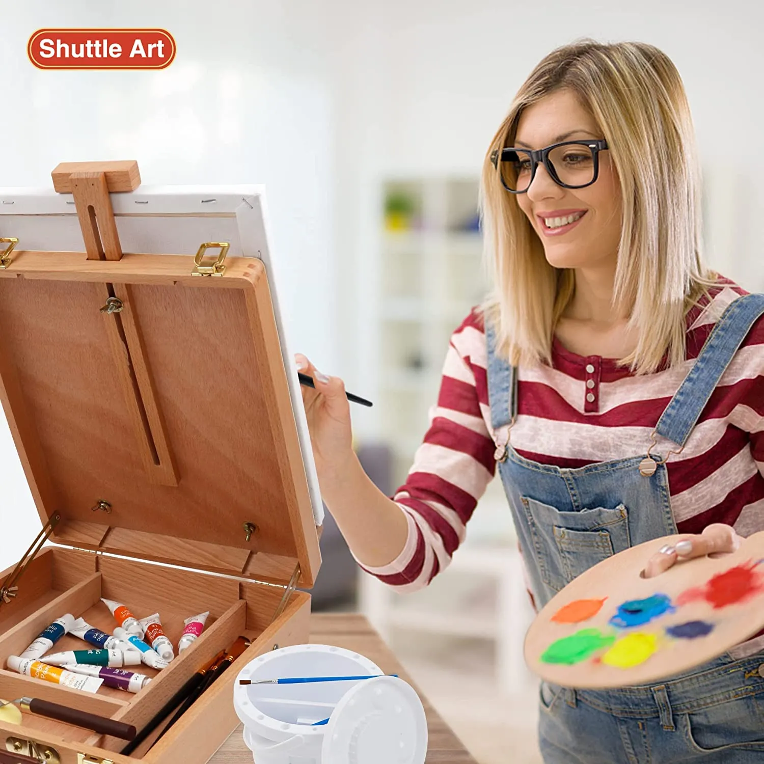 Shuttle Art 170 Pcs Artist Painting Set, Deluxe Art Set with Paint, Aluminum and Wooden Easels, Canvas, Paper Pads, Brushes and Other Art Supplies