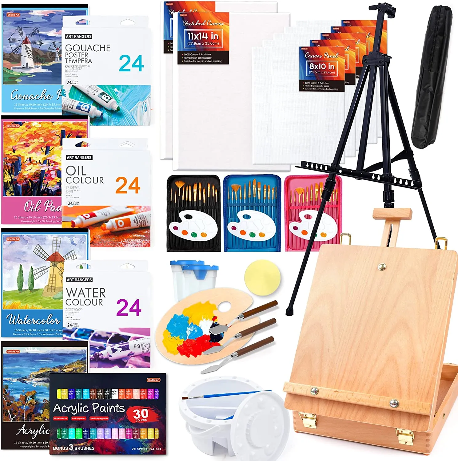 Shuttle Art 170 Pcs Artist Painting Set, Deluxe Art Set with Paint, Aluminum and Wooden Easels, Canvas, Paper Pads, Brushes and Other Art Supplies